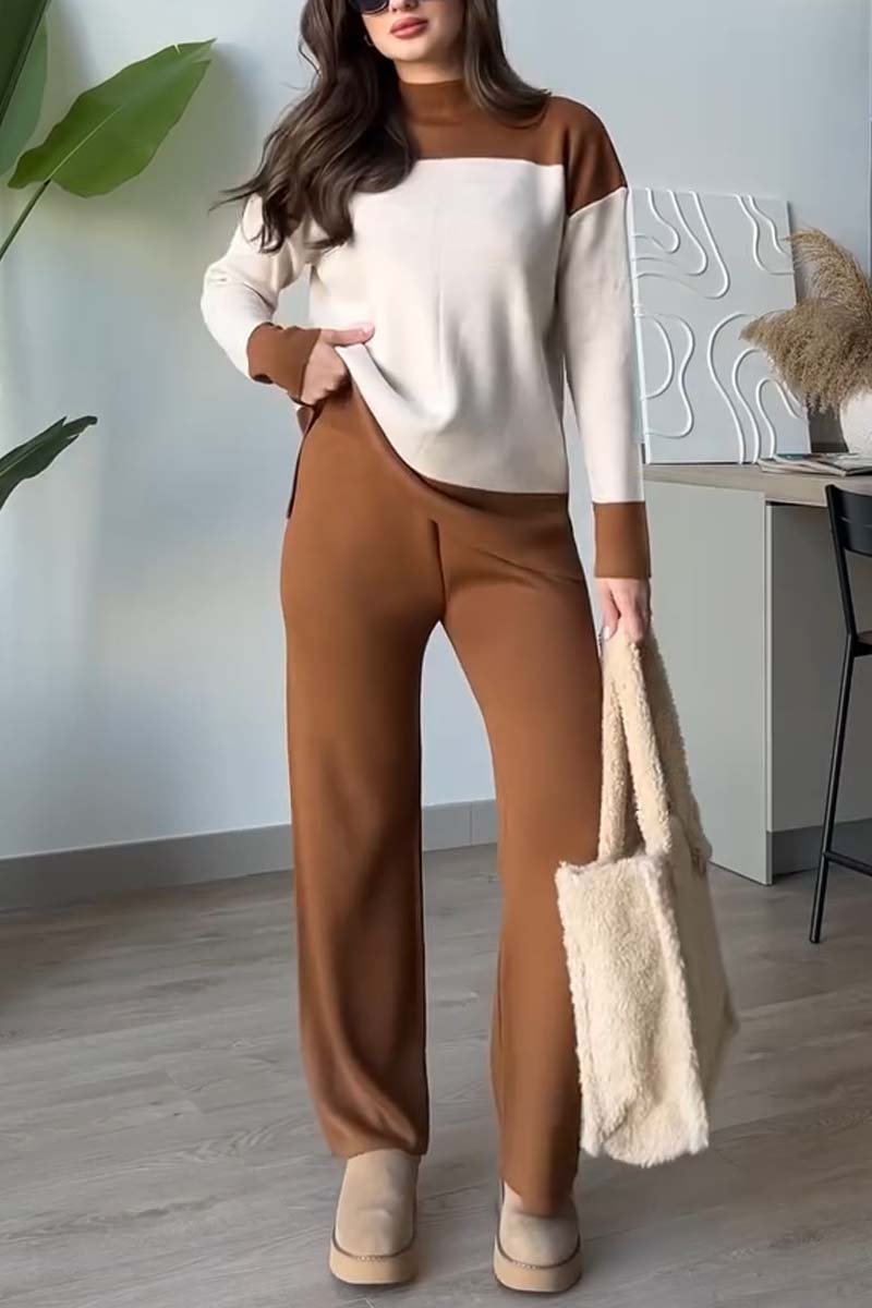 Women's Casual Contrast Knitted Suit Brown Apricot