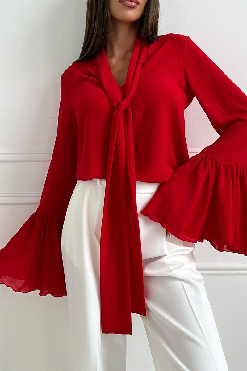 Women's Casual V-neck Knotted Trumpet Sleeve Top red