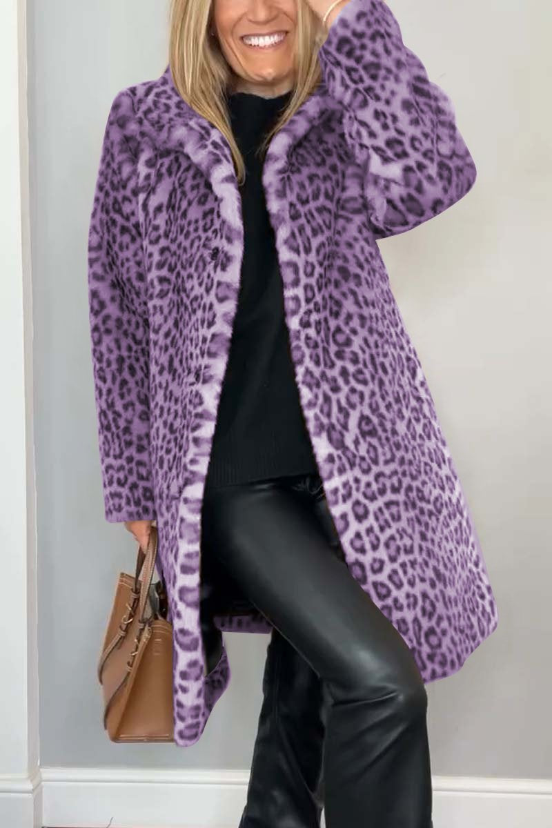 Women's Fashionable Leopard Lapel Faux Fur Winter Mid-Length Coat Purple