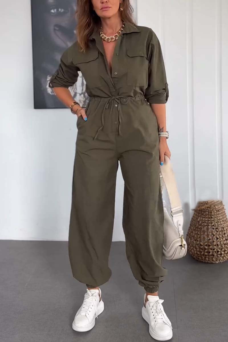 Women's Lapel Drawstring Jumpsuit Army Green