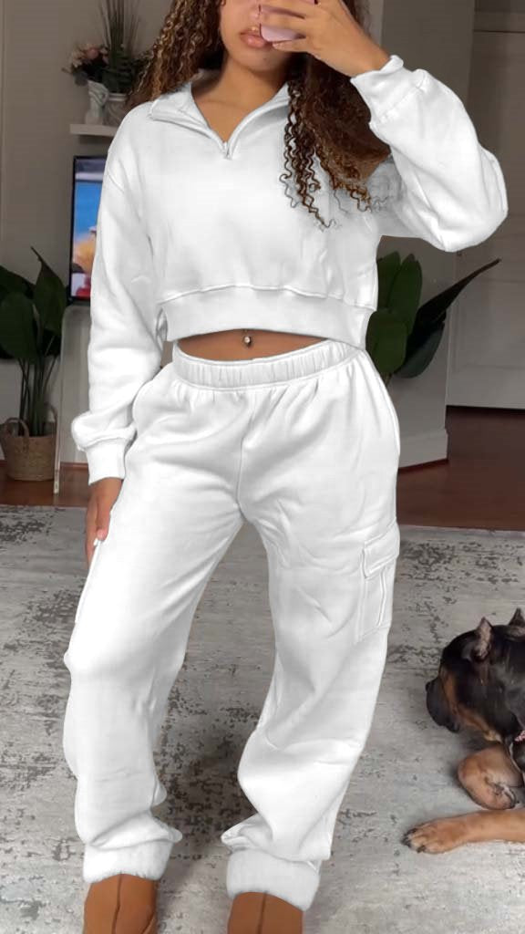 Women's Casual Long Sleeve Solid Two Piece Set white