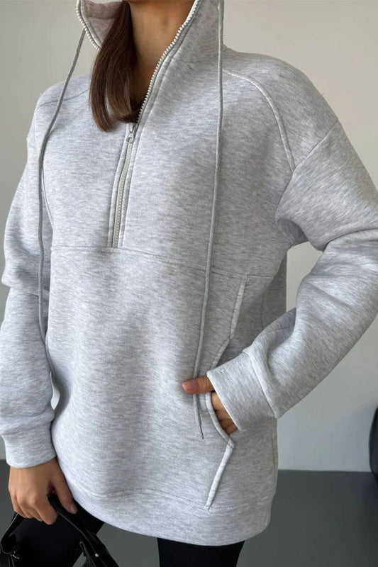 Women's Casual Zip Neck Solid Color Sweatshirt grey