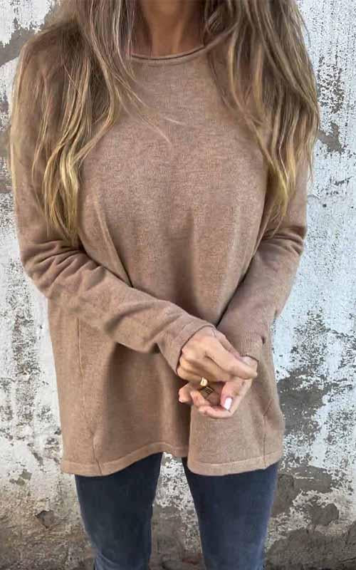 Women's Round Neck Solid Color Long Sleeved Top khaki