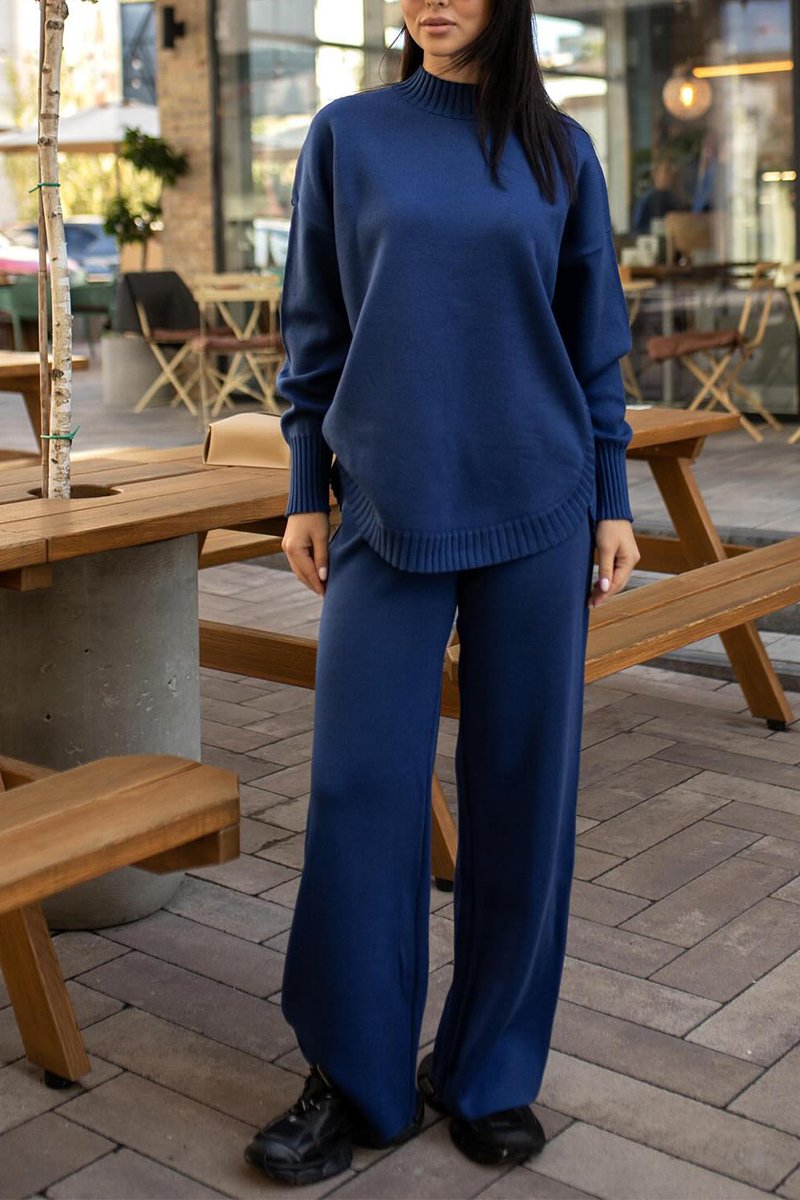 Women's Casual Round-neck Long-sleeved Two-piece Suit navy blue