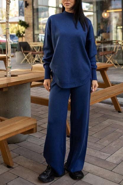 Women's Casual Round-neck Long-sleeved Two-piece Suit navy blue