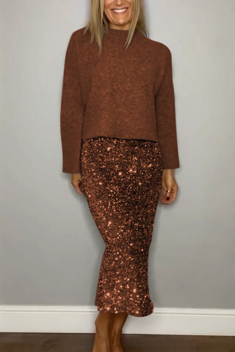 Women's Casual Sweater Top Sequin Skirt Two-Piece Set brown