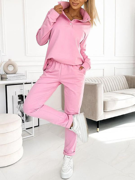 Women's Half-button Long-sleeved Casual Sports Suit pink-high collar