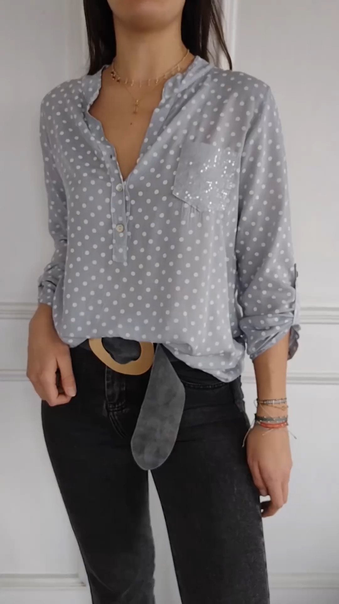 Women's V-neck Polka Dot Sequined Casual Shirt grey