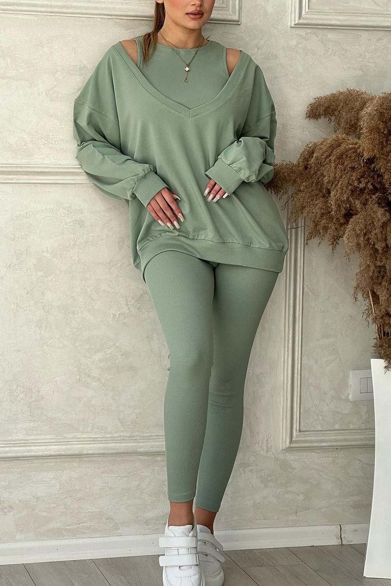 Women's casual sports solid color three-piece suit Lake Green