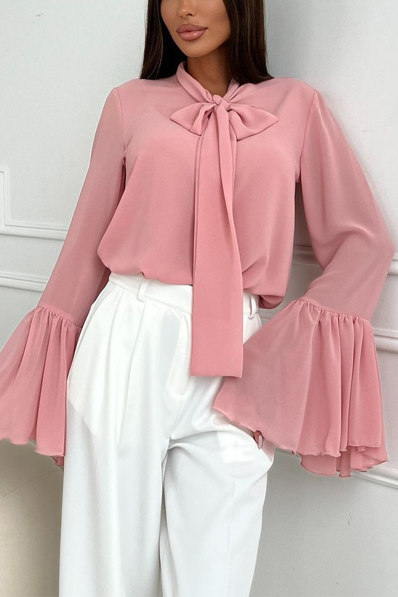 Women's Casual V-neck Knotted Trumpet Sleeve Top pink