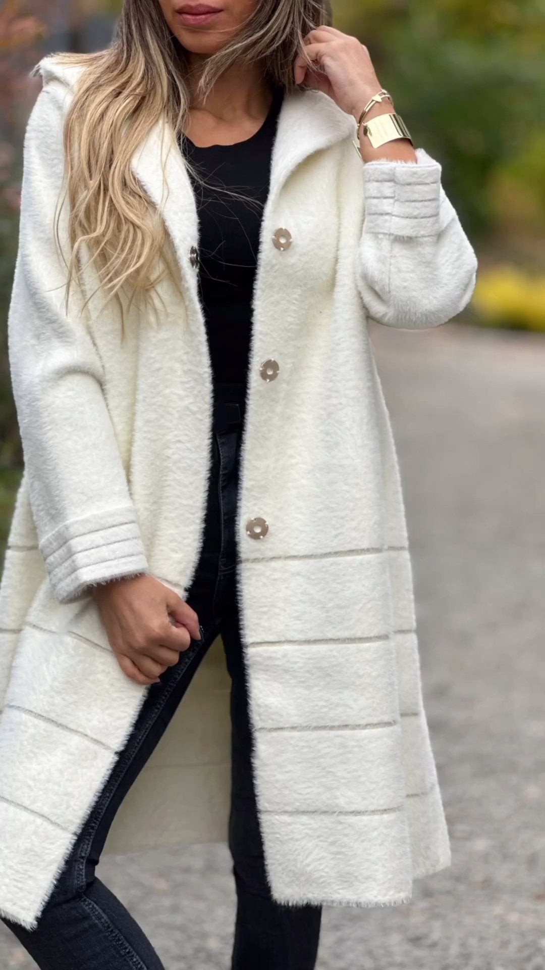 Women's hooded long sleeve fur casual coat white