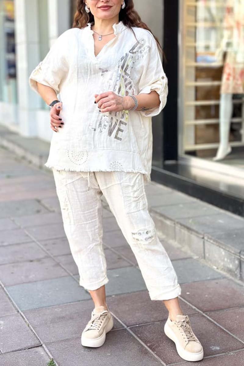 Women's casual letter printed cotton and linen top + pants set Cream color