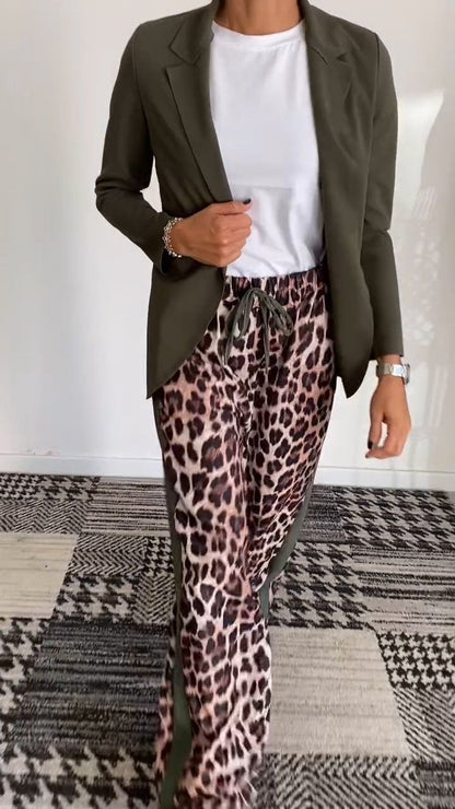 Women's Solid Color Suit Jacket Leopard Pant Suit