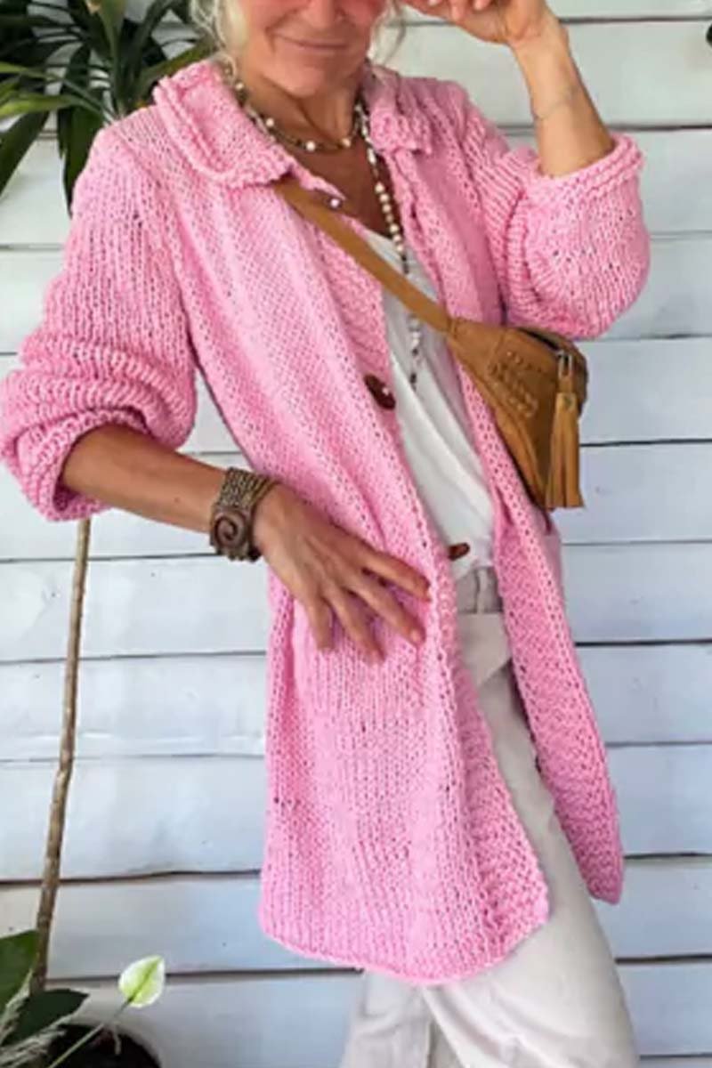 Women's Casual Solid Color Lapel Thick Thread Sweater Knitted Cardigan Pink