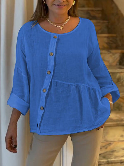 Women's Round Neck Solid Color Long Sleeve Top blue