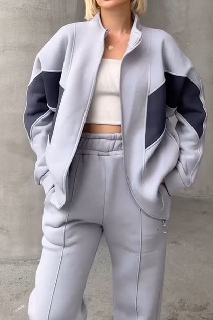 Women's Long-sleeved Patchwork Sweatshirt Two-piece Set light grey