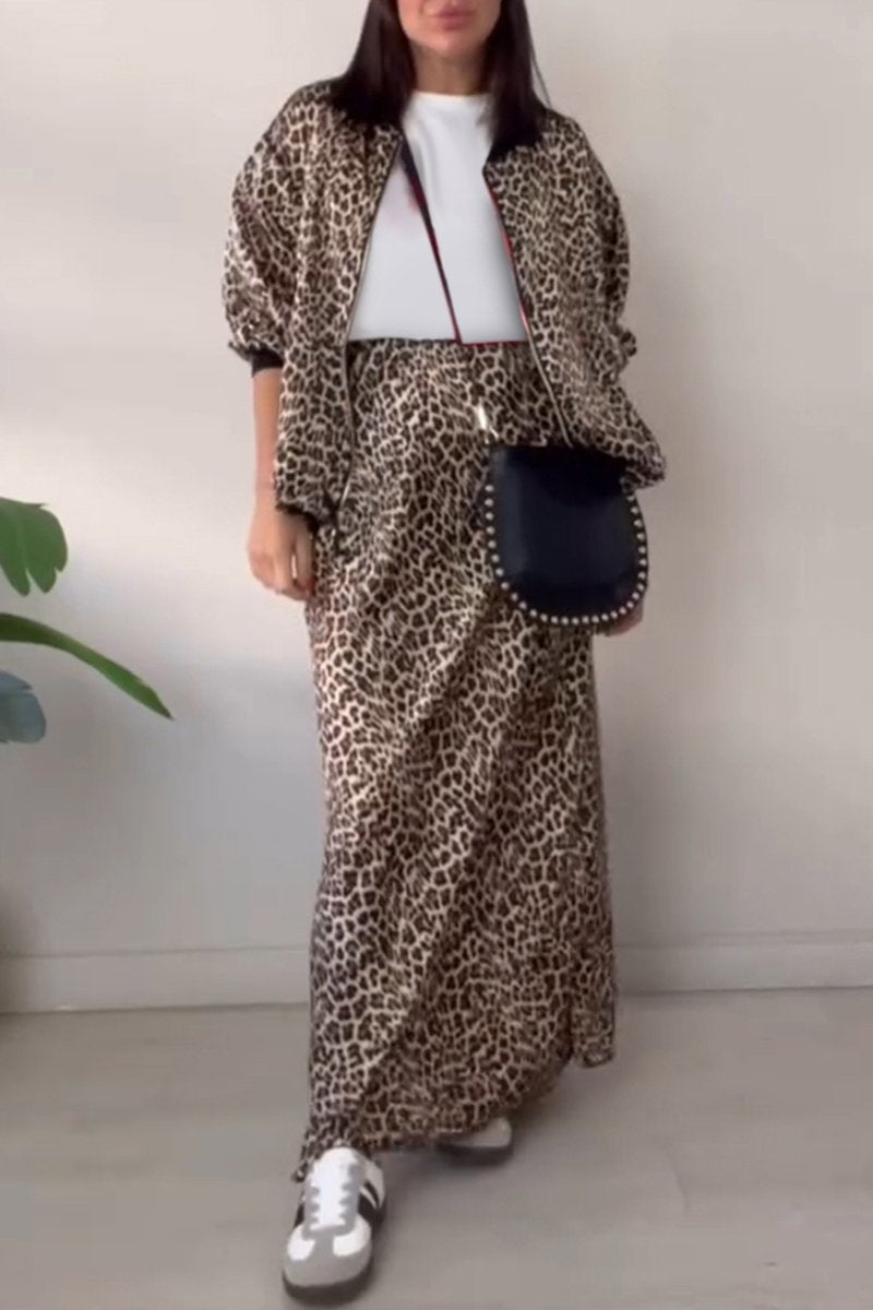 Women's Casual Round-neck Zipper Leopard Printed Two-piece Suit