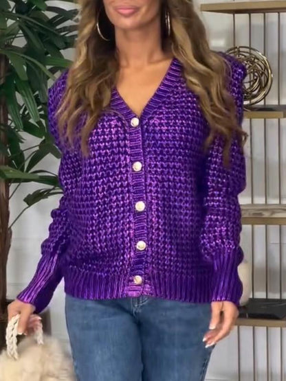 Women's V-neck Long-sleeved Knitted Cardigan purple