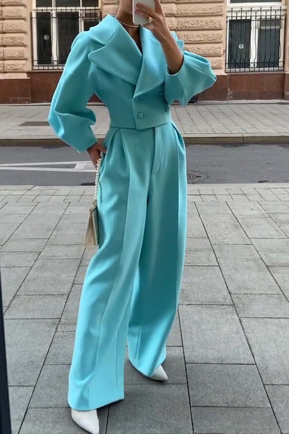 Women's fashionable commuting solid color pants suit Lake Blue