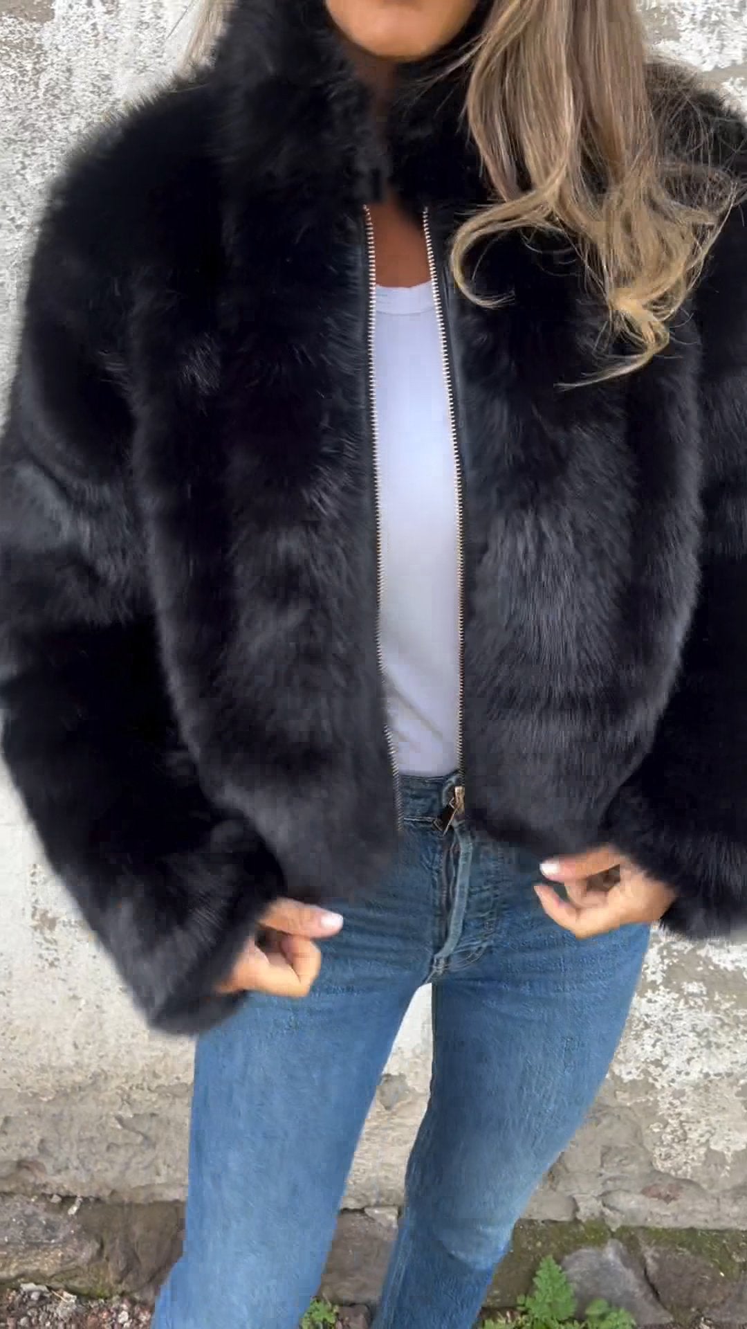 Women's High Collar Fur Zipper Casual Jacket black