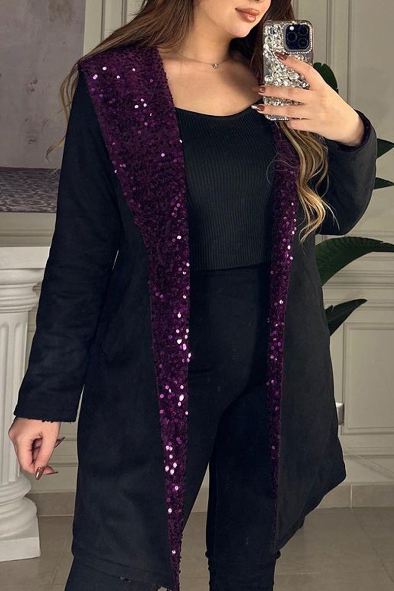 Women's Fashion Hooded Sequined Reversible Jacket Purple