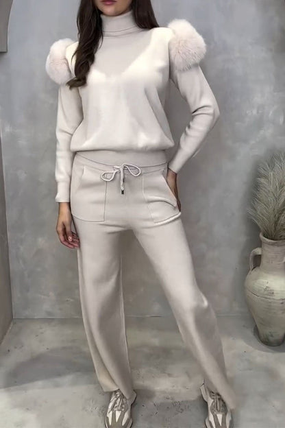 Casual Solid Color Knitted Long-sleeved Two-piece Set beige