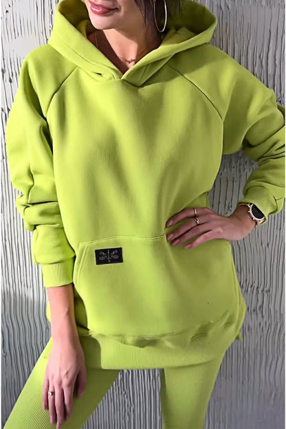 Women's Hooded Slit Top & Slim-fitting Pants Two-piece Set Green