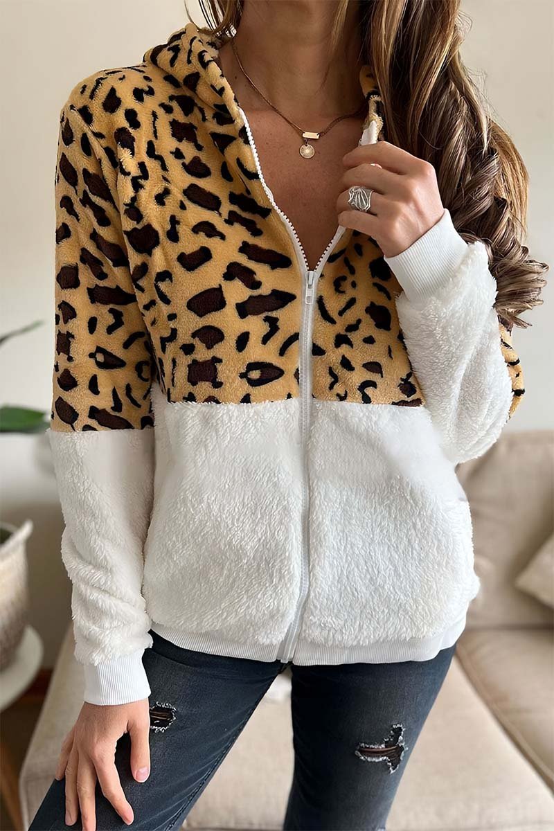 Women's Leopard Patchwork Plush Zip Jacket