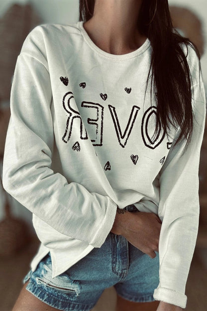 Women's Casual LOVER Printed Long-sleeved Sweatshirt White