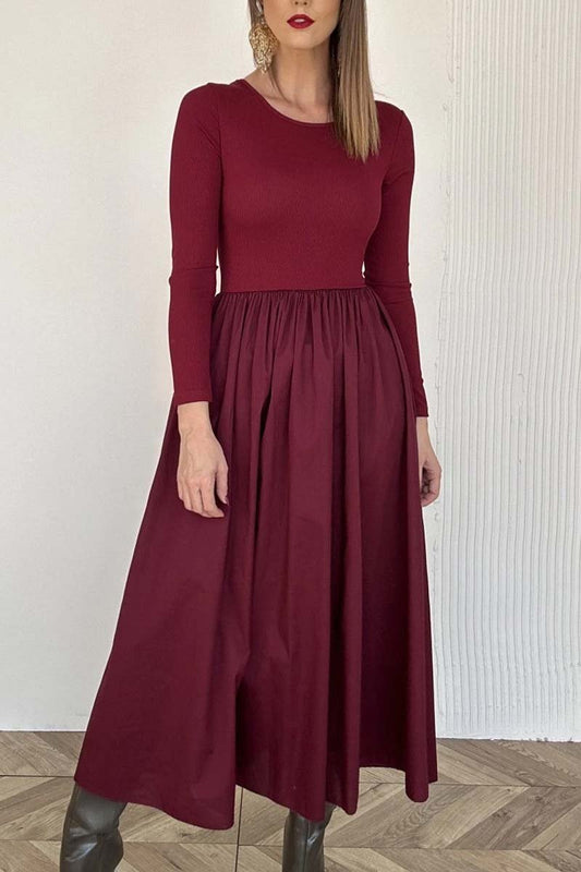 Women's solid color long sleeve knitted patchwork pleated dress Wine Red