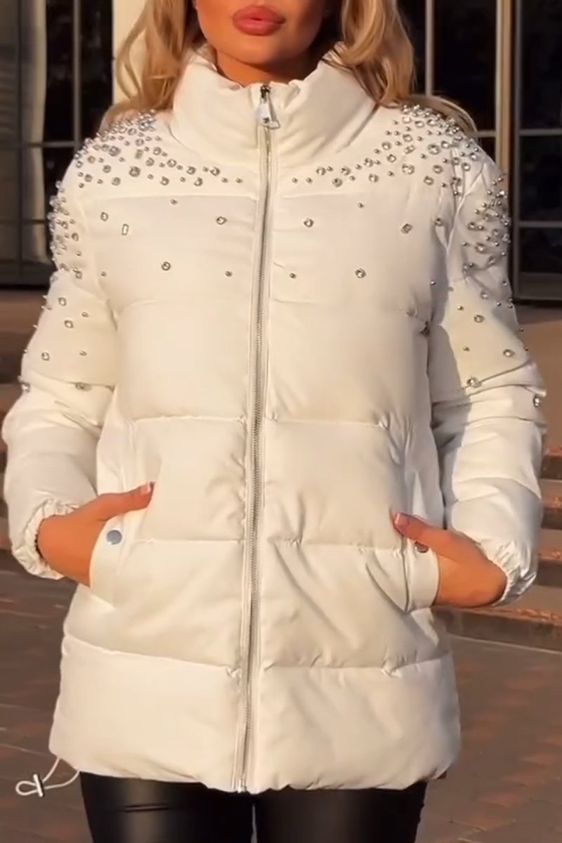 Women's fashionable diamond-studded down jacket White