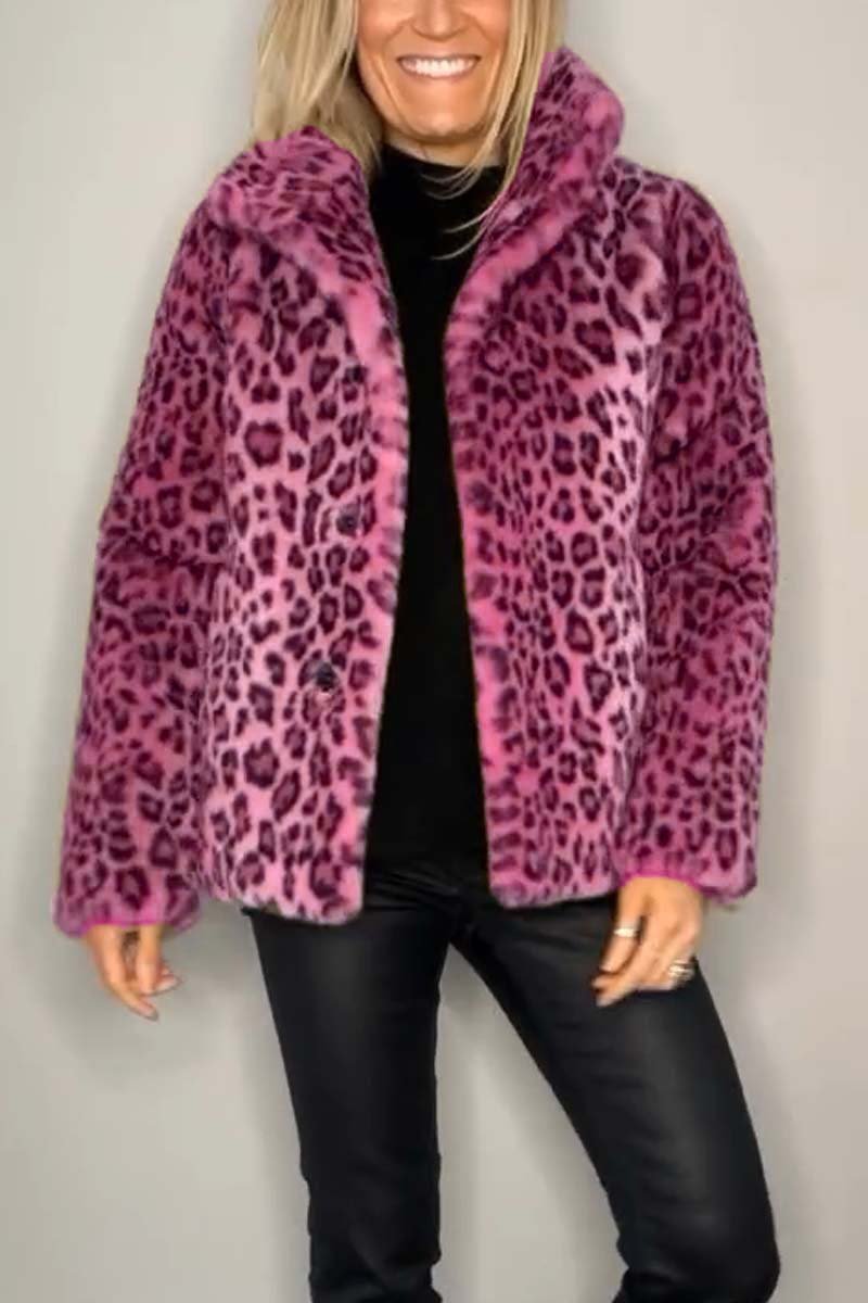 Women's Fashionable Leopard Print Lapel Faux Fur Winter Short Coat Pink