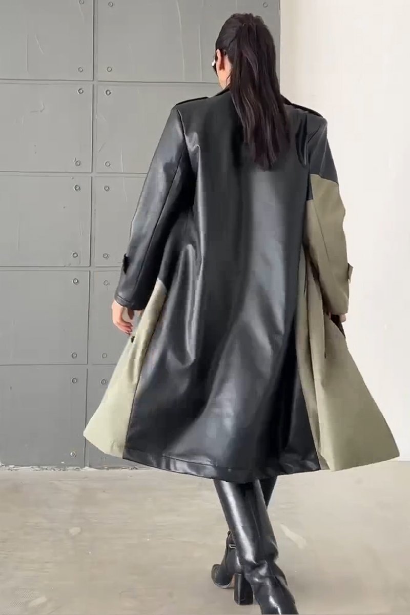 Women's leather patchwork long trench coat