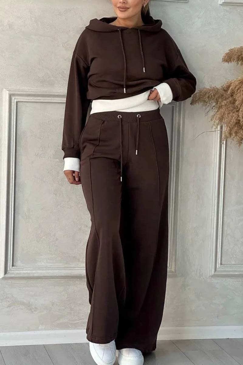 Women's Contrast Hem Hooded Sweatshirt Two-Piece Set Brown