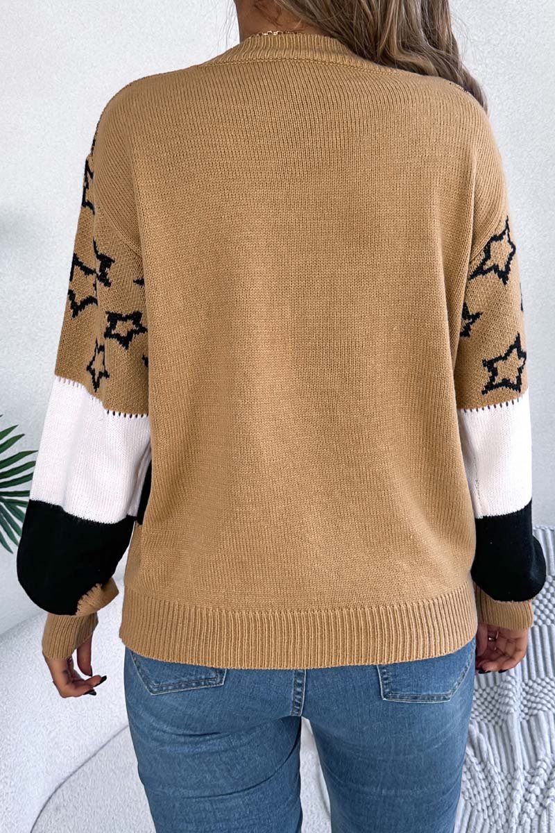 Women's casual color block star hollow lantern sleeve pullover sweater