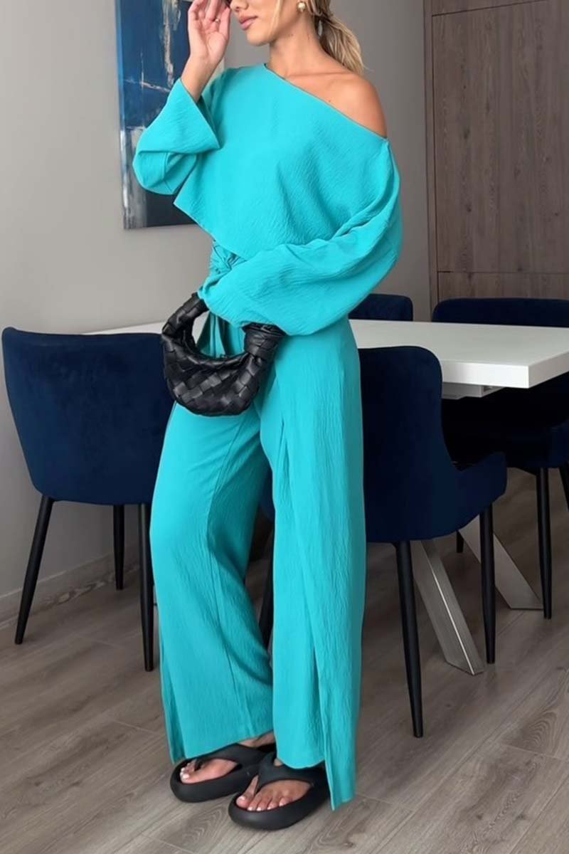 Women's crop top and strappy wide leg pants set Lake Blue