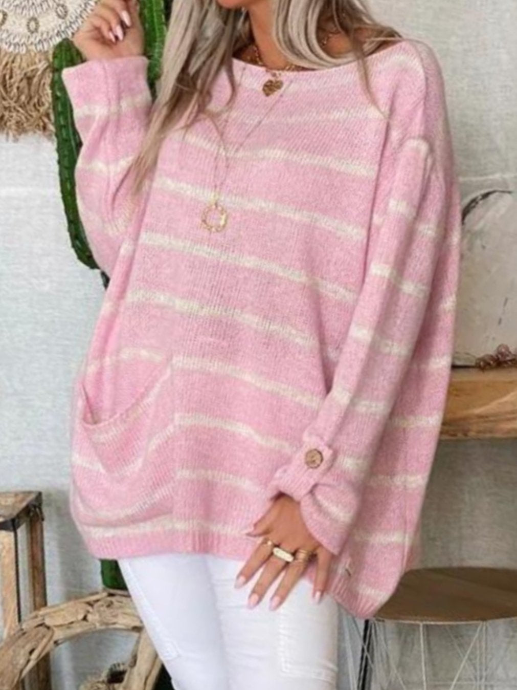 Women's Striped Contrast Pocket Crew Neck Sweater Pink