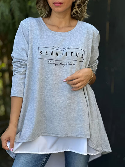 Letter Print Fake Two Piece Long Sleeve T-shirt Gray