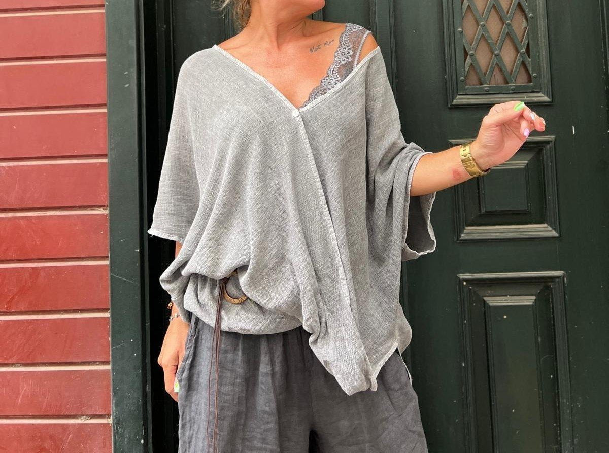 Women's Linen Off-the-shoulder Loose Sleeve Top Grey