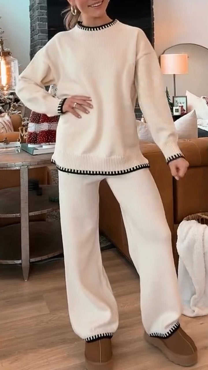 Women's Round Neck Long Sleeve Sweater Casual Suit