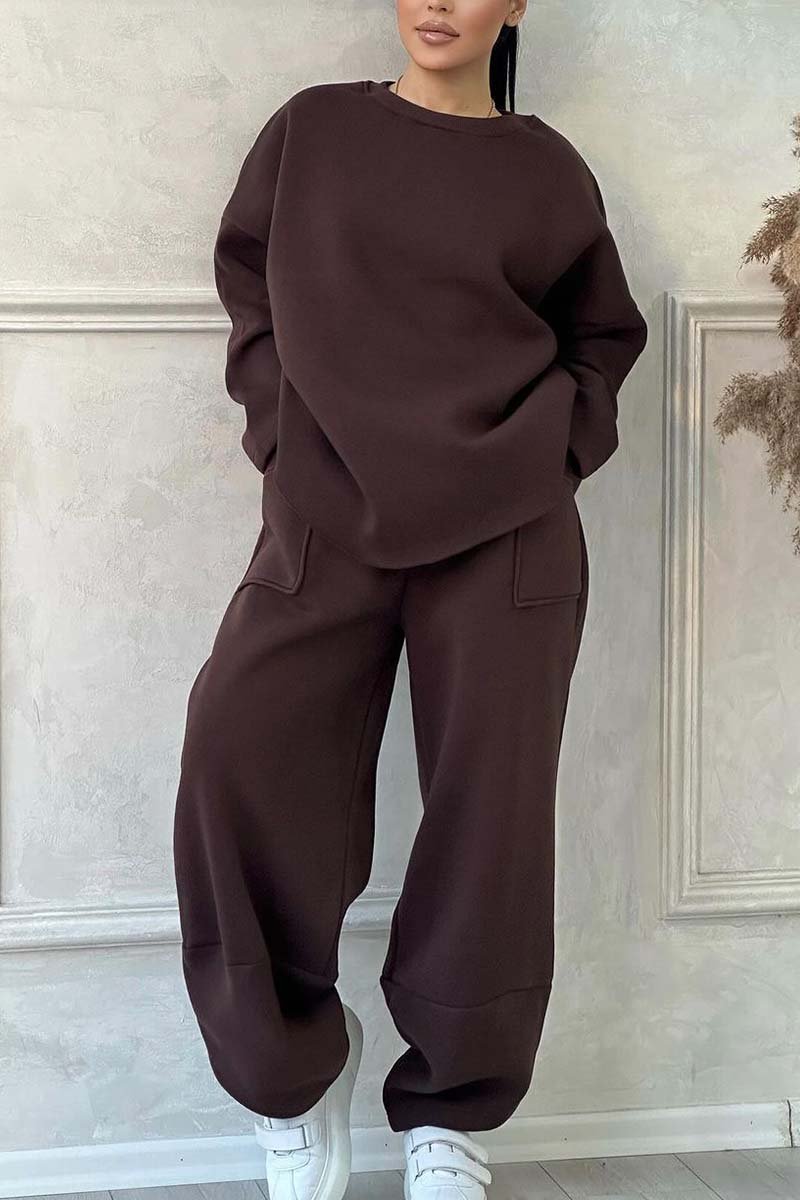 Women's Casual Solid Color Round Neck Long Sleeve Sweatshirt Sports Suit Brown