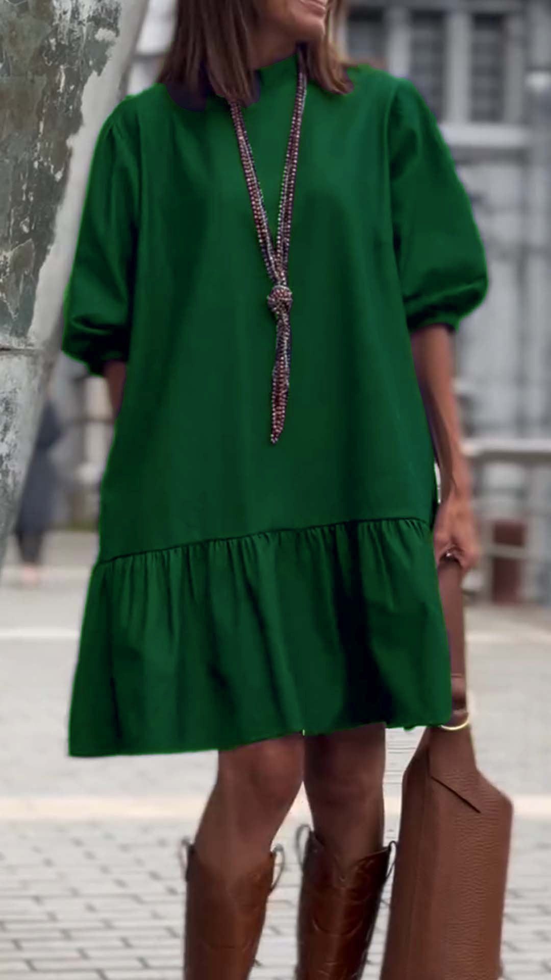 Women's Casual Solid Color Mid-sleeve Short Dress green