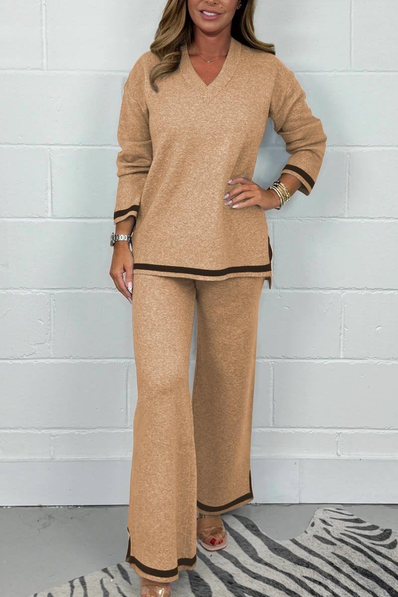 Women's V-Neck Soft Knit Border Edge Trouser Co-Ord Khaki