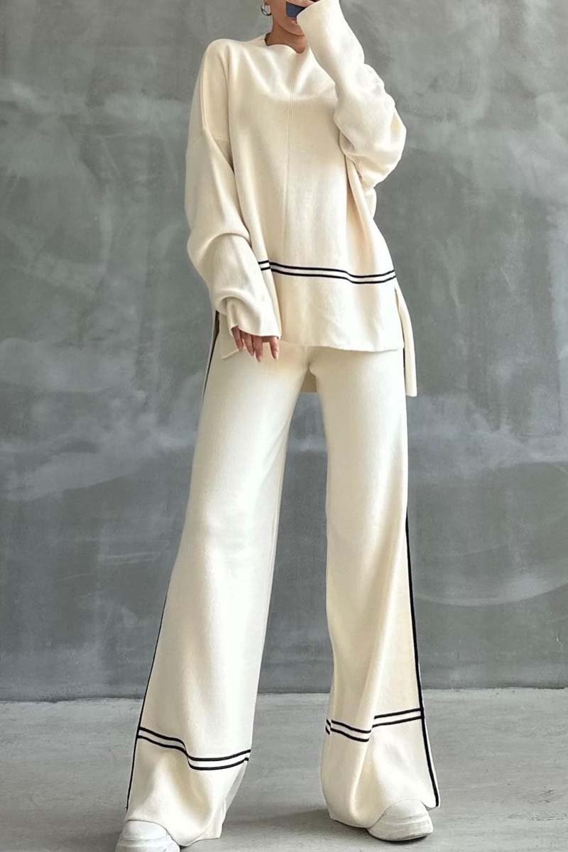 Women's slit hem contrast trim long-sleeve sweater suit Apricot