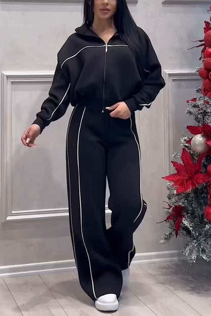 Women's casual sports zipper jacket wide leg pants suit Black