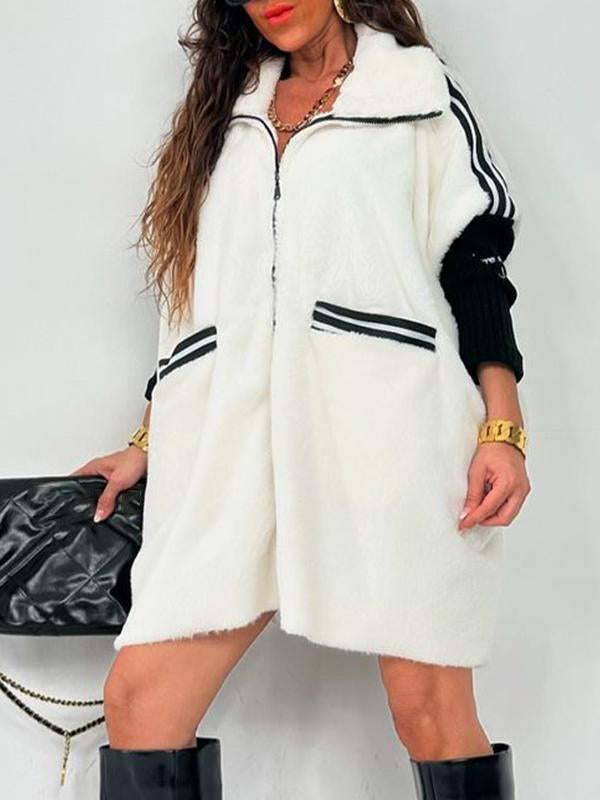 Women's Lapel Patchwork Long Coat white