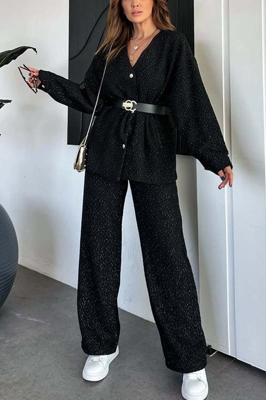 Women's Casual Cardigan and Pants Set Black