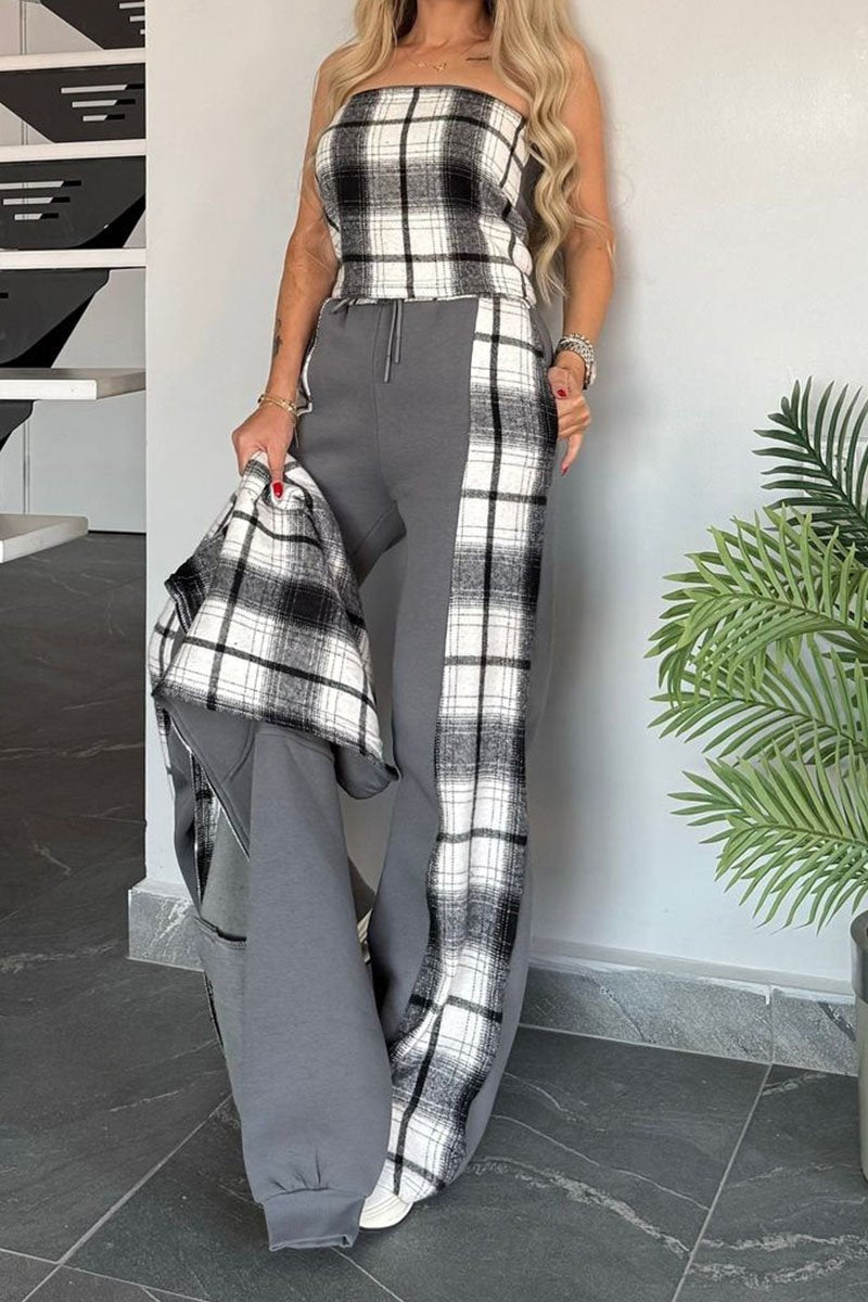 Cardigan, Tube Top and Pants Plaid Splicing Casual Three-piece Set