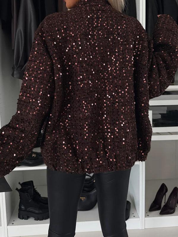 Women's Round Neck Long Sleeve Sequined Casual Coat