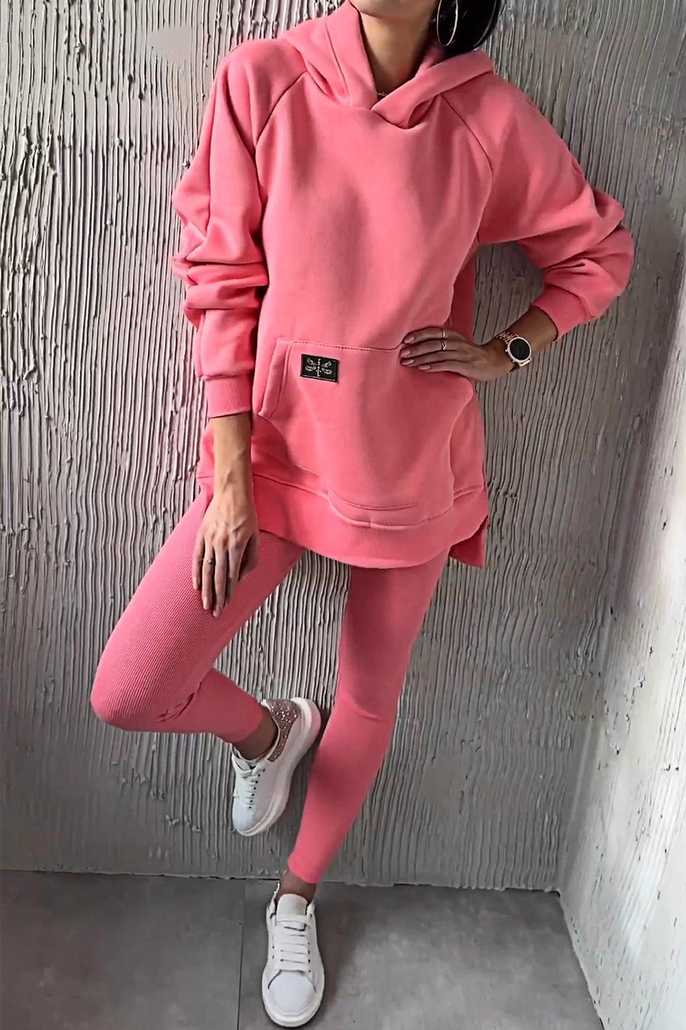 Women's Hooded Slit Top & Slim-fitting Pants Two-piece Set Rose pink